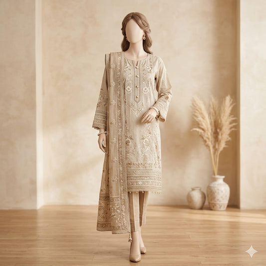Luxury Beige Embroidered 3 Piece Suit